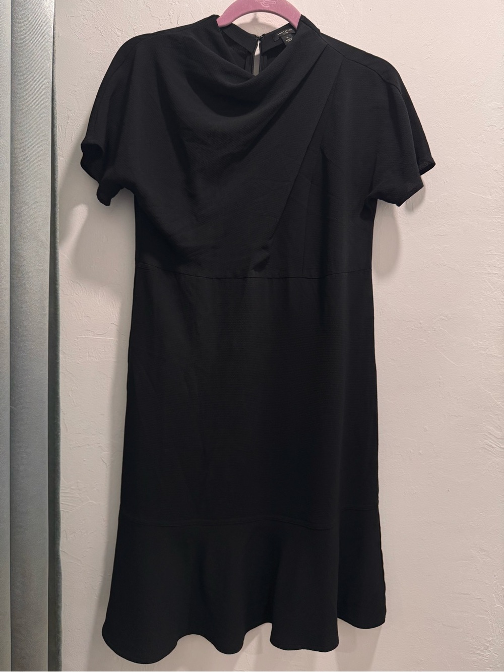 Ann Taylor Black Short Sleeve Midi Dress with Draped Neck